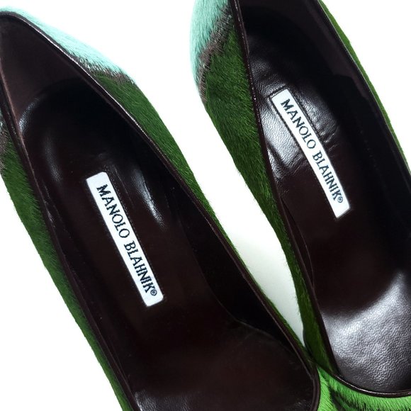 Manolo Blahnik Green Striped Animal Fur Pumps Heel - Picture 8 of 8